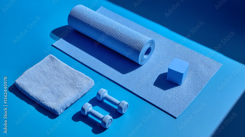 Fototapeta premium Fresh blue gym equipment featuring dumbbells, a towel, yoga mat, and block, ready for a workout session focusing on fitness and health.