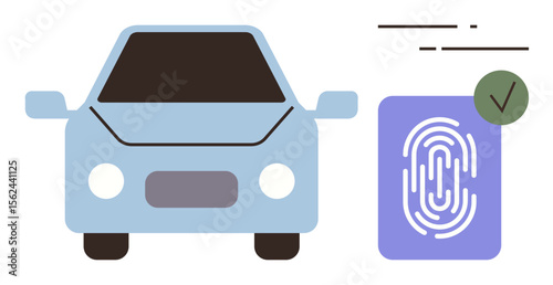 Blue car and fingerprint technology card with verification symbol. Ideal for car security, technology, innovation, biometric authentication, transportation, modern design, simple flat metaphor