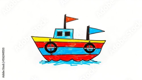 A children's drawing of a colorful boat with two flags on the water.