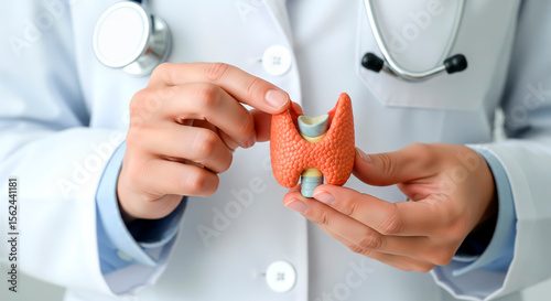 Doctor holds a thyroid gland model. Thyroid health, endocrine system, and medical research.