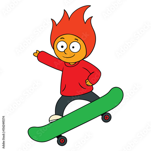 Cartoon boy with orange spiky hair performing a skateboard trick mid air