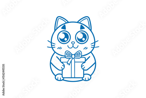 Line art kitten with big eyes lovingly holds a present wrapped with ribbon