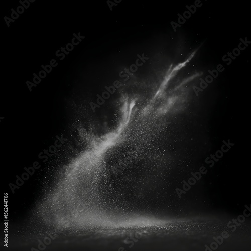 Fine white powder disperses dramatically against a black background, creating a dynamic, cloud-like shape with tiny particles suspended mid-air.