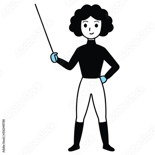 Cartoon girl fencer with silver foil sword and white fencing uniform on a clean background