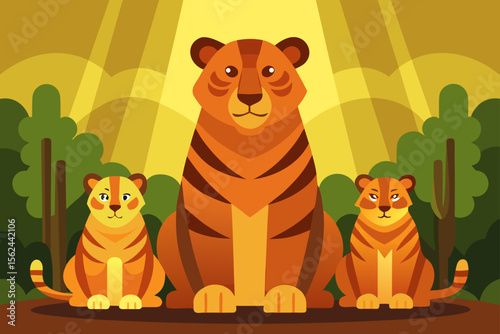 Majestic Tiger Family Mother and Cubs in Sunlight