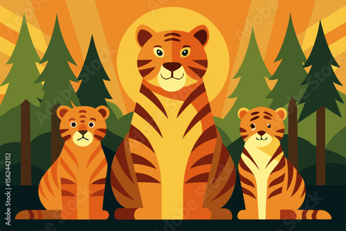 Majestic Tiger Family at Sunset A Vibrant Illustration