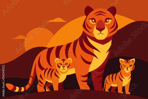Majestic Tiger Family Silhouette at Sunset A Fierce and Beautiful Wildlife Illustration