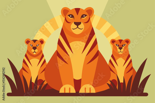 Majestic Lioness with Cubs A Vibrant Geometric Illustration
