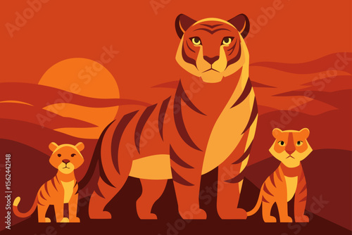 Majestic Lioness and Cubs A Vibrant Geometric Illustration