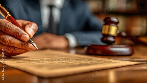 A detailed fountain pen writing on a vintage contract, with legal symbols and a courtroom background in soft focus