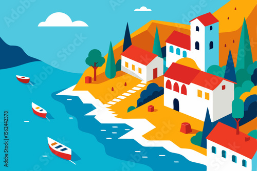 Coastal Village Isometric Illustration of a Picturesque Seaside Town