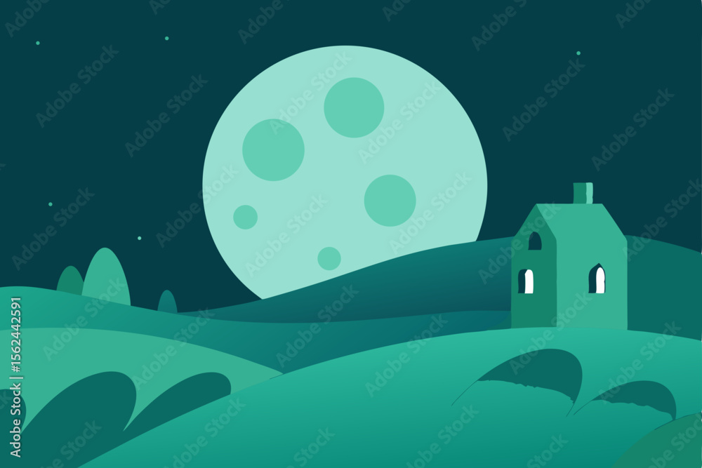 Naklejka premium Tranquil Night Moonlit Landscape with House Illustration