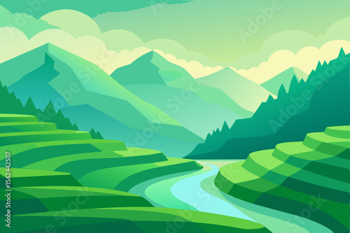 Serene Green Rice Terraces and Winding River Landscape Illustration
