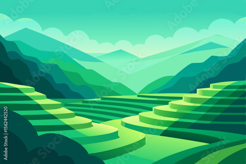 Serene Rice Terraces A Breathtaking Mountain Valley Illustration