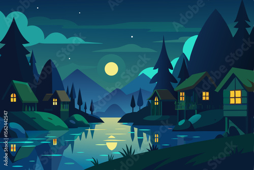 Serene Night in Lakeside Village Moonlit Landscape Illustration