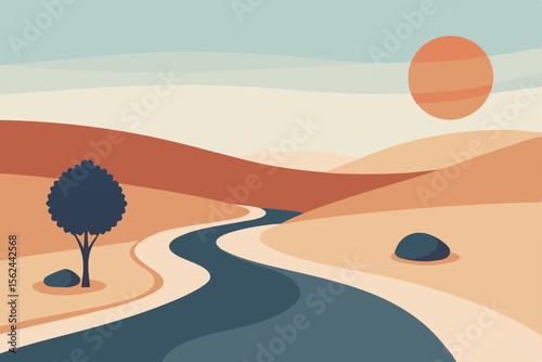 Serene Desert Landscape Winding River, Rolling Hills, and Sunset