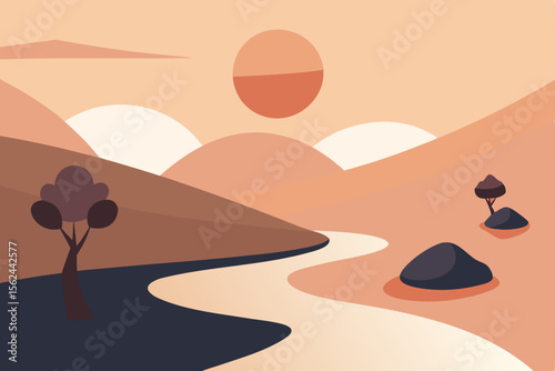 Serene Sunset Landscape Minimalist Hills, River, and Sun Illustration