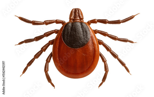 Flat, oval-bodied deer tick with a reddish-brown color and dark scutum