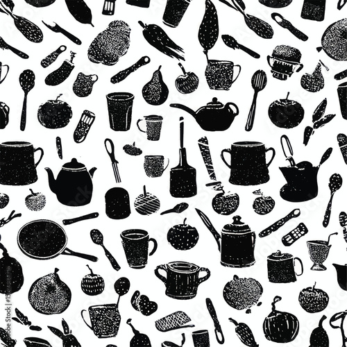 Seamless pattern of food and kitchen utensils in black on white background