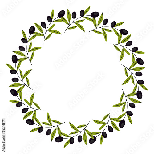 Olive Branches circle frame set. Doodle wearth Hand drawn round line border, leaves and olives, wedding invitation and cards, logo design and posters template. Elegant minimal style floral set	
