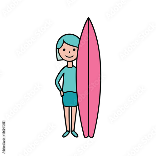 Happy cartoon girl surfer with pink surfboard enjoying a sunny day at the beach