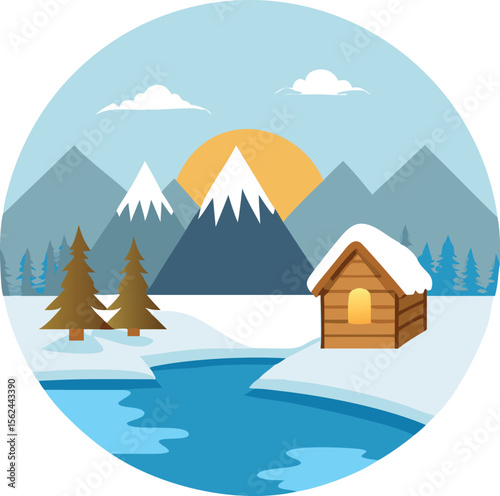 Winter landscape illustration with cabin mountains and trees