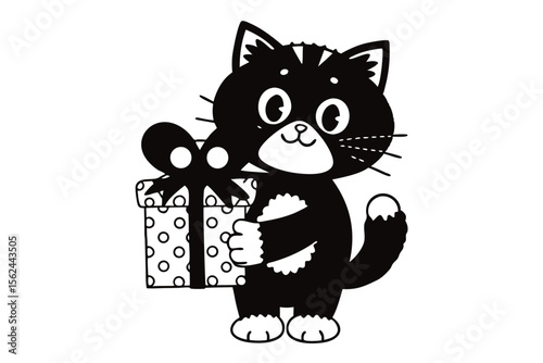 Playful monochrome kitten happily presents a polka dotted gift tied with ribbon in its paws