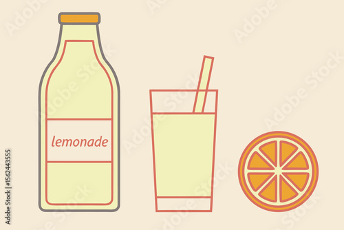 Refreshing Lemonade Flat Vector Illustration of Bottle, Glass, and Orange Slice
