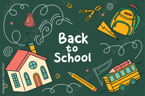 Back to School Illustration with School Bus House and Supplies