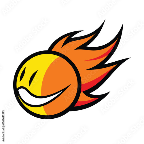 Fierce flaming tennis ball mascot flying mid air dynamic sports character