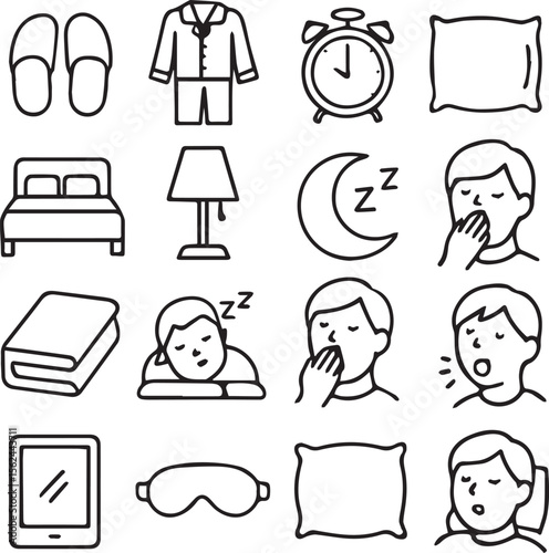 Simple Set of Sleep Related icons thin Vector Line Icons set, black & white. Contains such Icons as Insomnia, Pillow, Sleeping Pills and more. Editable Stroke. 48x48 Pixel Perfect. Sleep related icon.