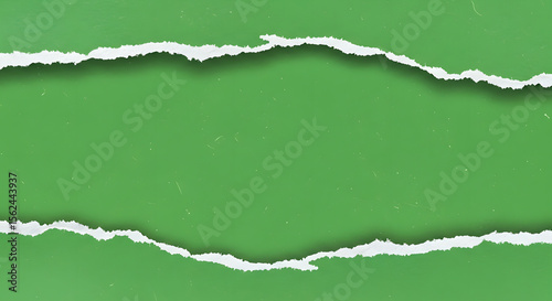 Torn paper edges reveal a vibrant green background, creating a textured and layered effect.