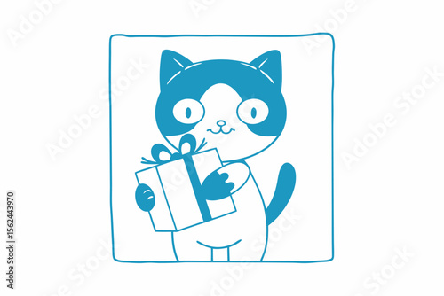 Handdrawn outlined cat presents gift box within a blue rectangular frame looks adorable