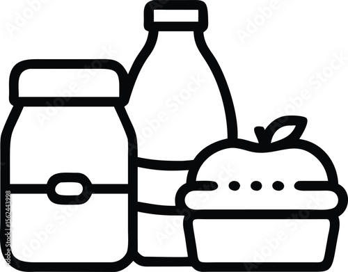 Black and white illustration of a jar bottle and apple pie