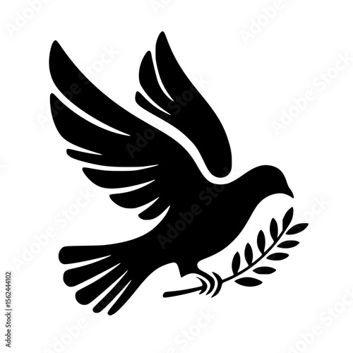 Minimalist Black SVG Silhouette of a Peace Dove with Olive Branch for Anti-War and Global Peace Design Projects