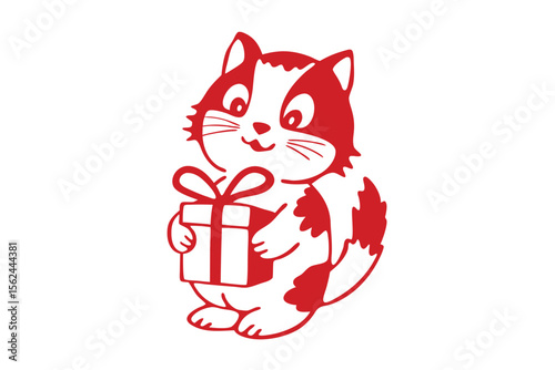 Red kitten happily presents a wrapped gift with ribbon on a white backdrop