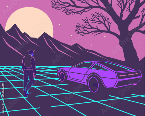 A futuristic neon grid landscape embodying retrowave and synthwave elements, suitable for a rave or vapor wave party background with a retro 80s and 90s aesthetic