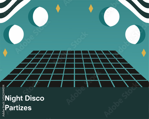 The banner is intended for printing and showcases a night disco party theme with a retro vintage neon grid symbolizing the dance floor horizon of the 80s and 90s era