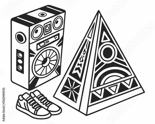 Black-colored geometric shapes that evoke a retro futuristic aesthetic reminiscent of the Y2k era, blended with psychedelic elements suitable for rave-style posters and packaging