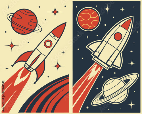 The space poster set combines mid century modern art with retro future space illustrations, depicting a variety of celestial elements including rockets, stars, and planets