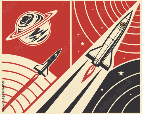 Retro Futurism Space Flight Illustrations from the 1950s-1960s in Vintage Colors, available as a set of Mid Century Modern Abstraction Space Posters