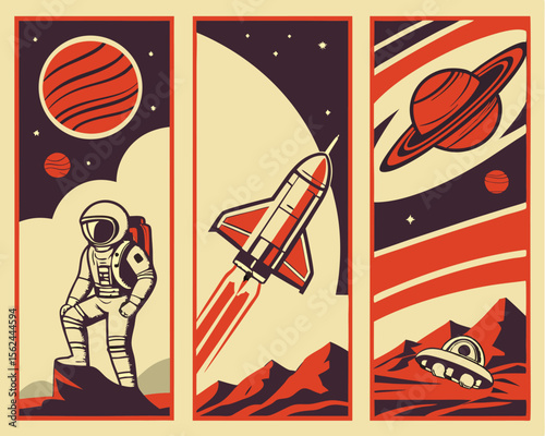 Retro style collection of space propaganda posters featuring astronauts, space ships, and planets like Mars, Saturn, and Earth with retro future technologies