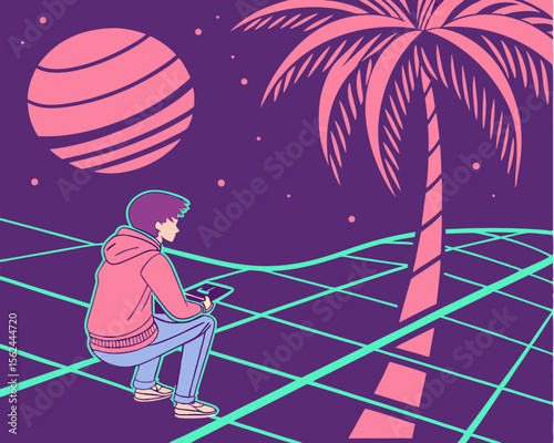 Retro futuristic laser neon grids in deep space evoke an 80s style, perfectly capturing the Synthwave, Retrowave, and Vaporwave theme in a unique visual representation