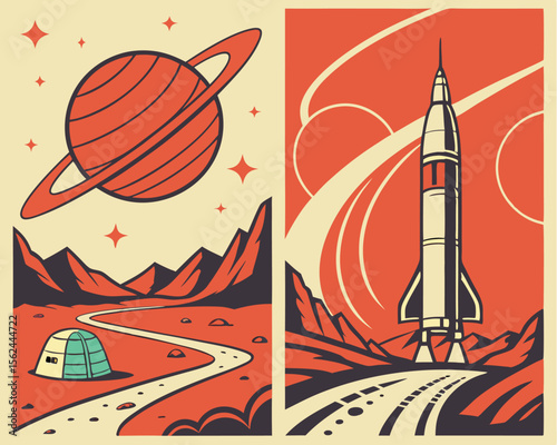 Mid century modern style illustrations of retro futuristic space travel, featuring interstellar journeys, tourism on alien planets, and futuristic landscapes with vintage-style rockets