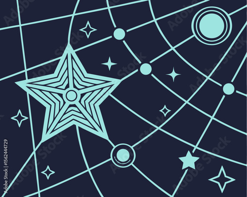 An Abstract Y2K Metaverse Wireframe Background is complemented by a Vector Dark Modern Seamless Pattern that includes Bling Stars and Lines