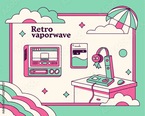 The retro vaporwave desktop, with its console window and user interface icons, exemplifies a webpunk retrofuturistic nostalgic style, blending old and new elements