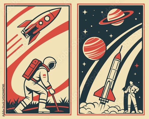 Retro science and space illustrations of astronauts, scientists, space rockets, and planets make up the Space Propaganda Poster Set