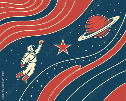 Abstract red and blue space vector illustration with horizontal orientation, including a star, planet, and line