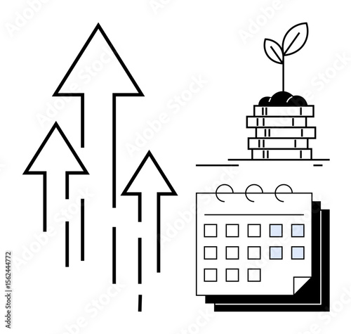 Upward arrows symbolize progress, plant on stacked coins reflects financial growth, and calendar represents strategic planning. Ideal for finance, investment, growth, planning, success, strategy