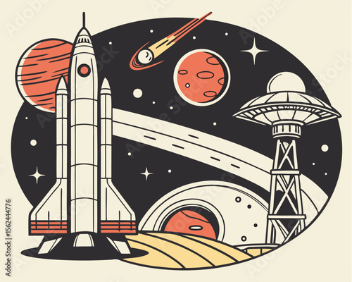 Space illustration set with a retro future style, comprising spacecraft, rockets, an orbital station, and multiple planets